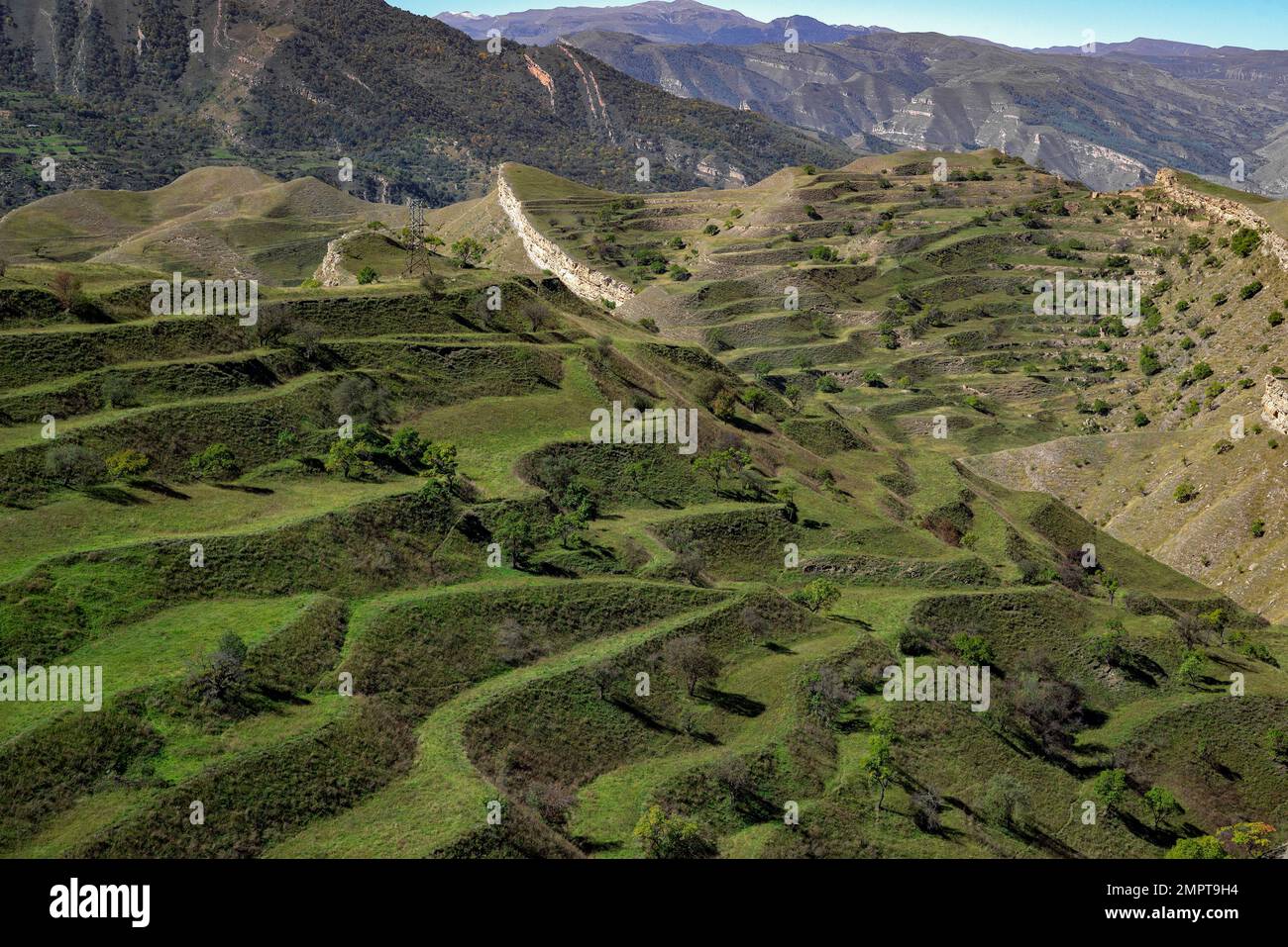 View of the green agricultural terraces in the mountains of Dagestan Stock Photo