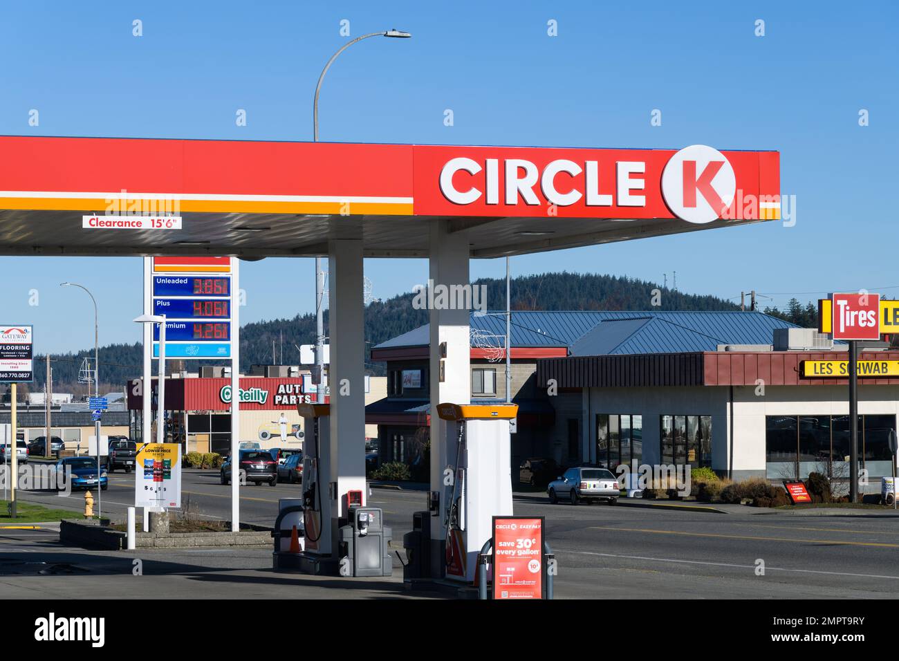 Anacortes, WA, USA - January 29, 2023; Circle K gas station awning with name and forecourt Stock Photo