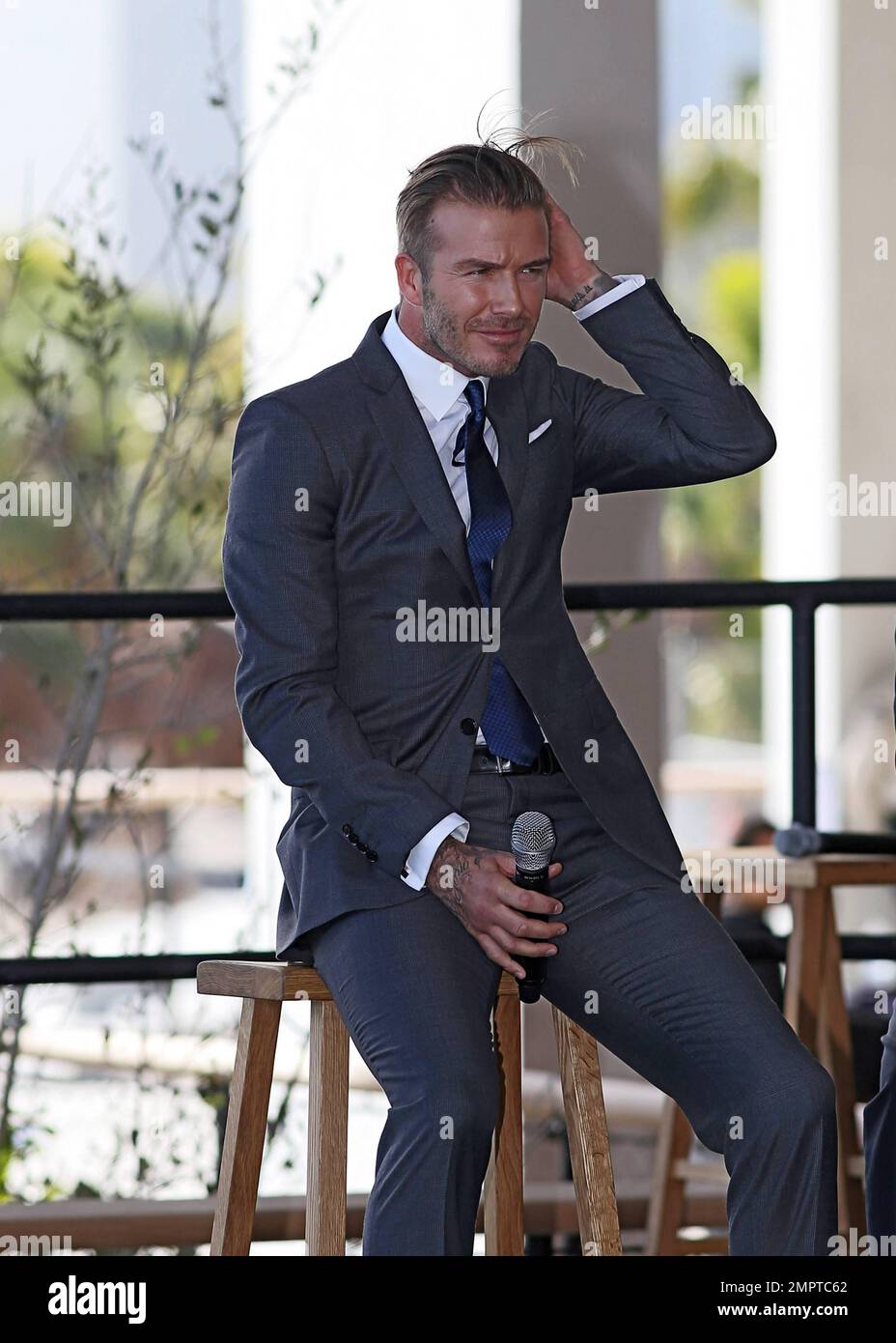 David Beckham along with Major League Soccer Commissioner Don Garber and Miami Mayor Gimenez announced today that he has exercised his option for an MLS expansion team and has chosen Miami the city to host his new club. Beckham's XIX Entertainment management agency, which includes business partner and long-time friend Simon Fuller, will partner up with MLS and local officials to finalize a deal for a world-class soccer stadium. 'From the beginning of my career in England to today in Miami, my journey has always been driven by my incredible passion for the game,' said Beckham. 'Miami is a vibra Stock Photo