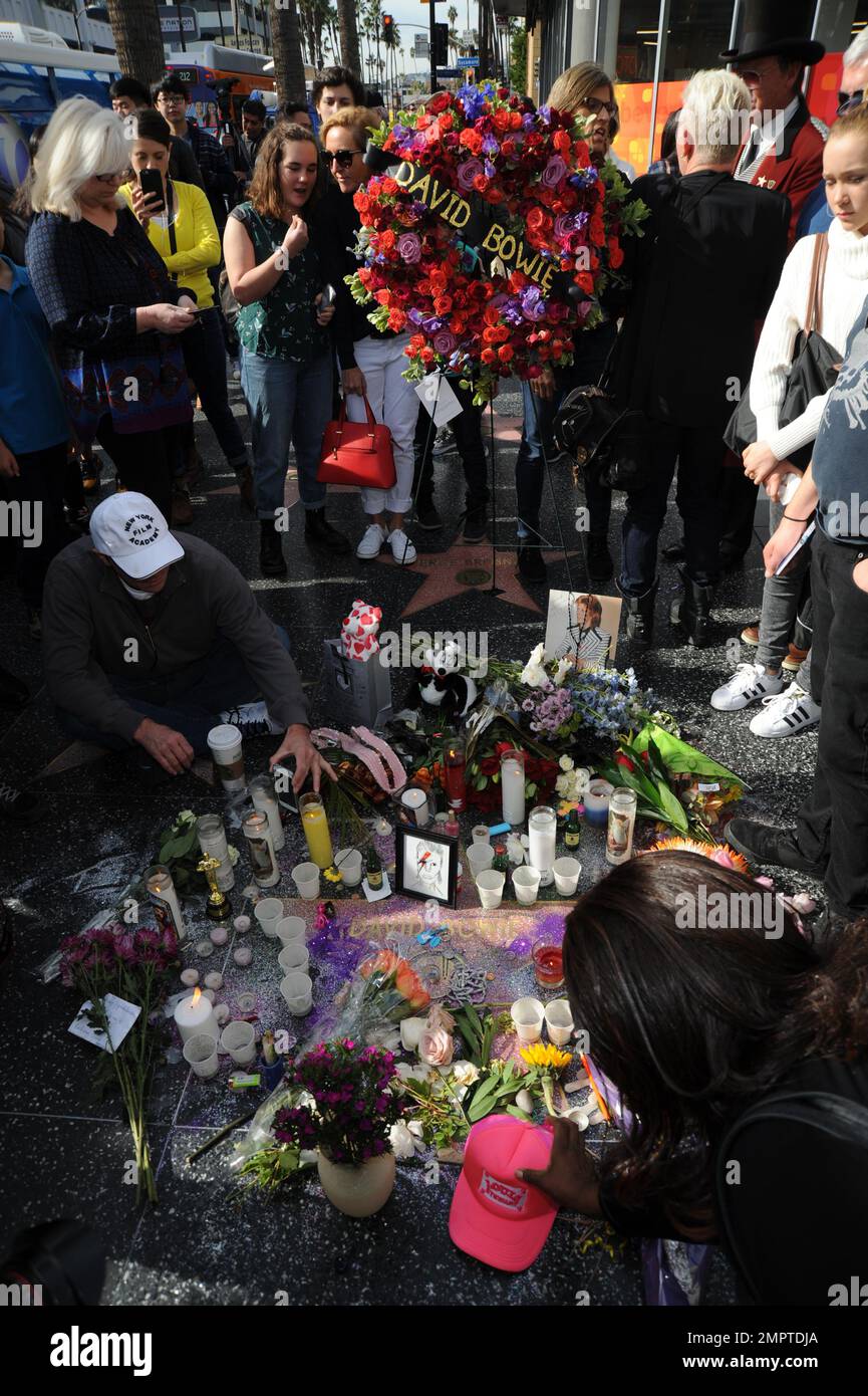 General views of wreaths and tributes to the late David Bowie on his ...
