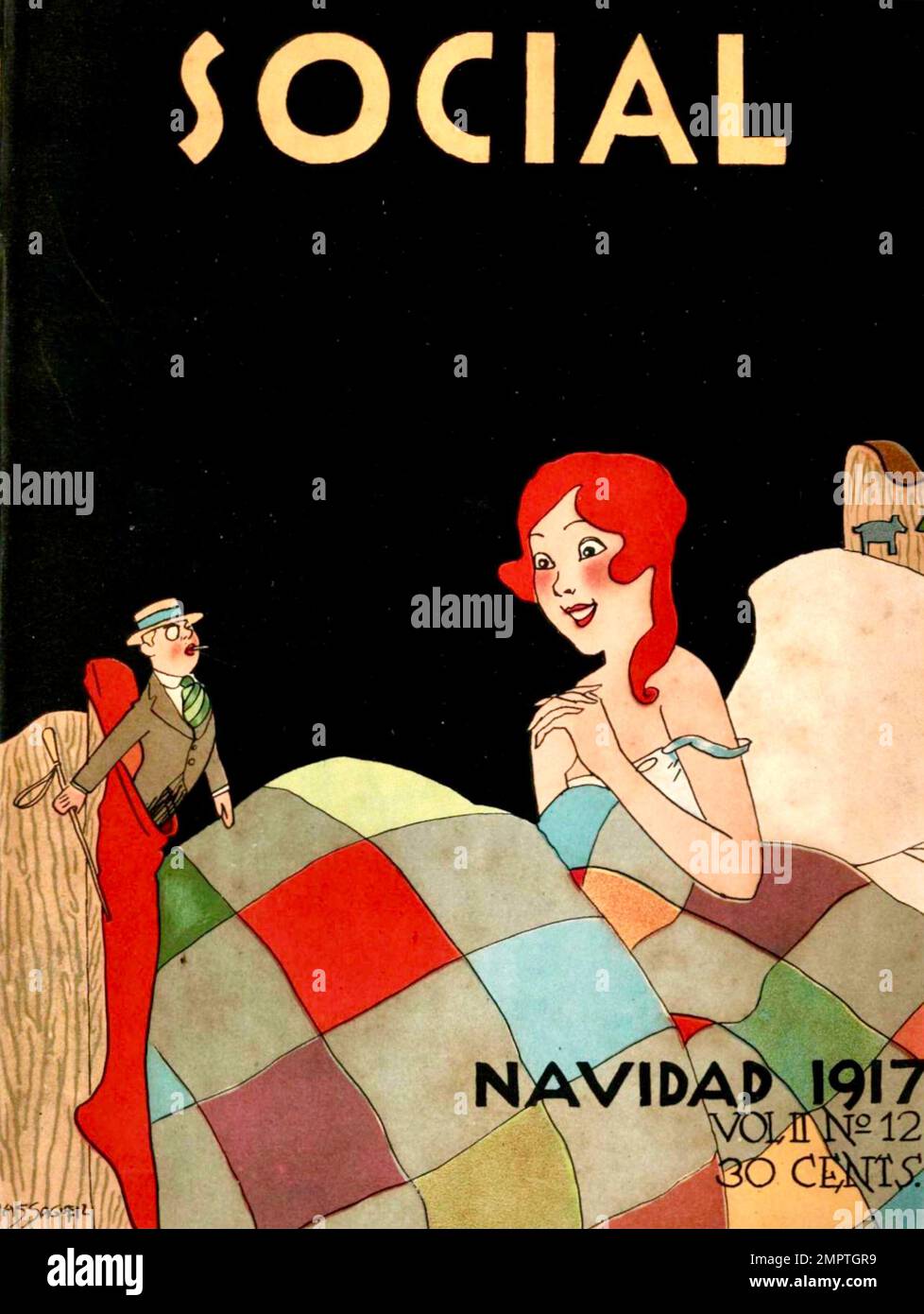 Conrado Walter Massaguer - Cuban Magazine Social Artwork - December 1917 edition - A little man appears at the end of a woman's bed. Stock Photo