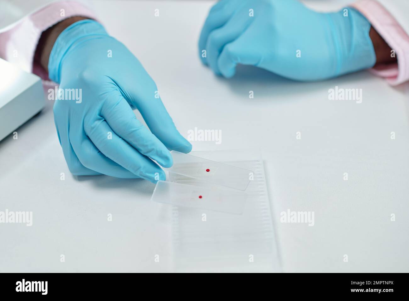 Hands of laboratory worker taking glass plates with drops of bllod