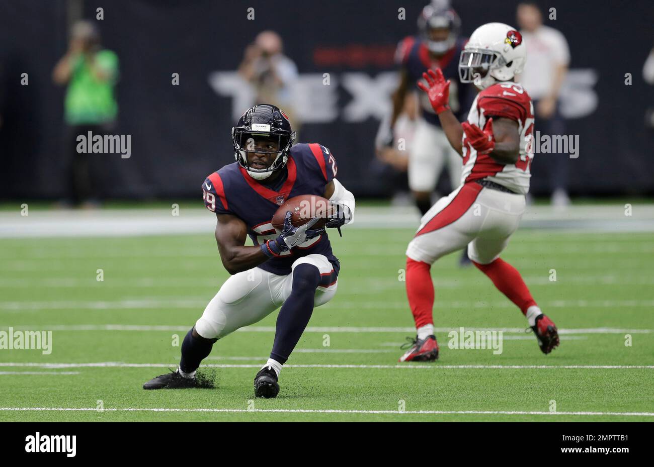 Seattle Seahawks wide receiver Doug Baldwin (89) watches Houston Texans  free safety Andre Hal (29) react to an interference call in end zone during  the fourth quarter at CenturyLink Field in Seattle