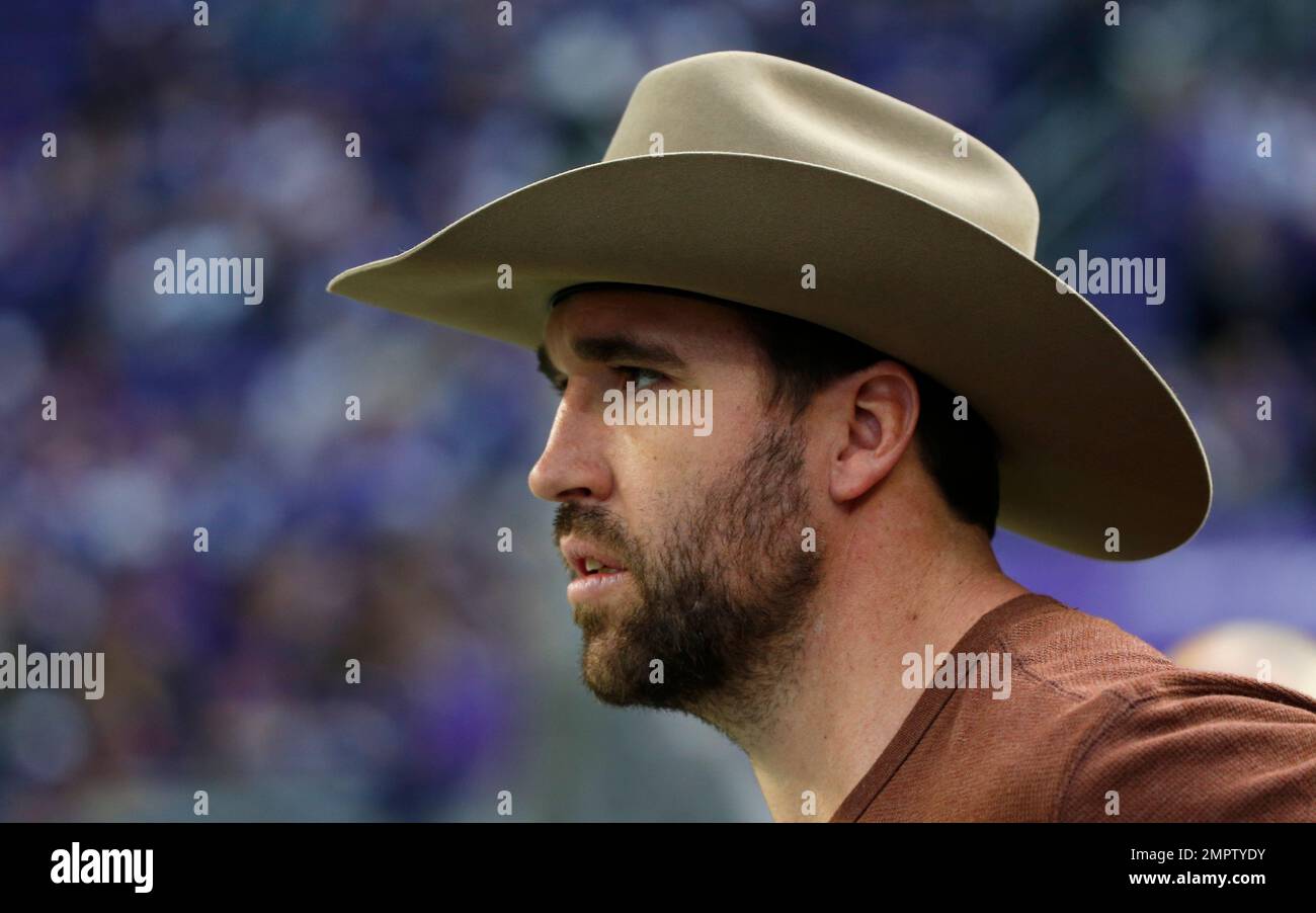 Former Minnesota Vikings defensive end Jared Allen sounds the Gjallarhorn  before an NFL football game between the Minnesota Vikings and the Arizona  Cardinals, Sunday, Oct. 30, 2022, in Minneapolis. (AP Photo/Bruce Kluckhohn