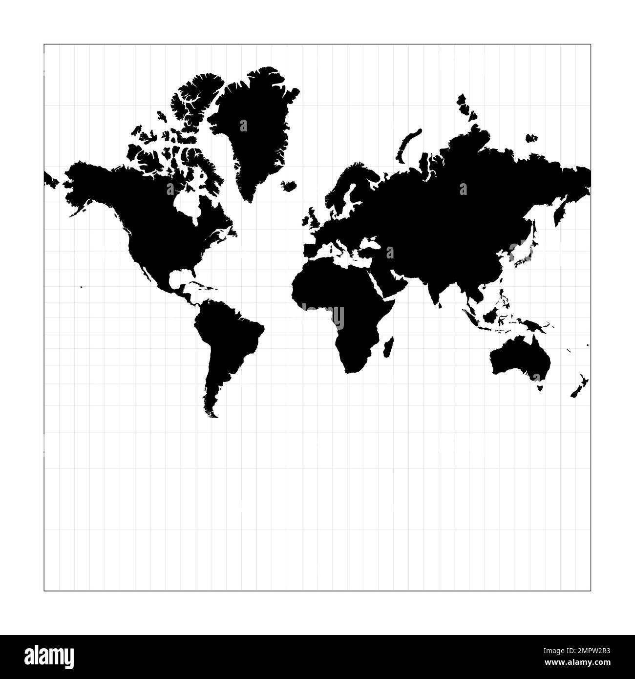 World map with meridians. Spherical Mercator projection. Plan world geographical map with graticlue lines. Vector illustration. Stock Vector