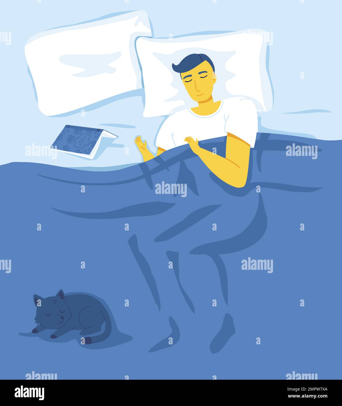 Yellow man is sleeping in blue bed. Rest, dreaming, relaxation, good