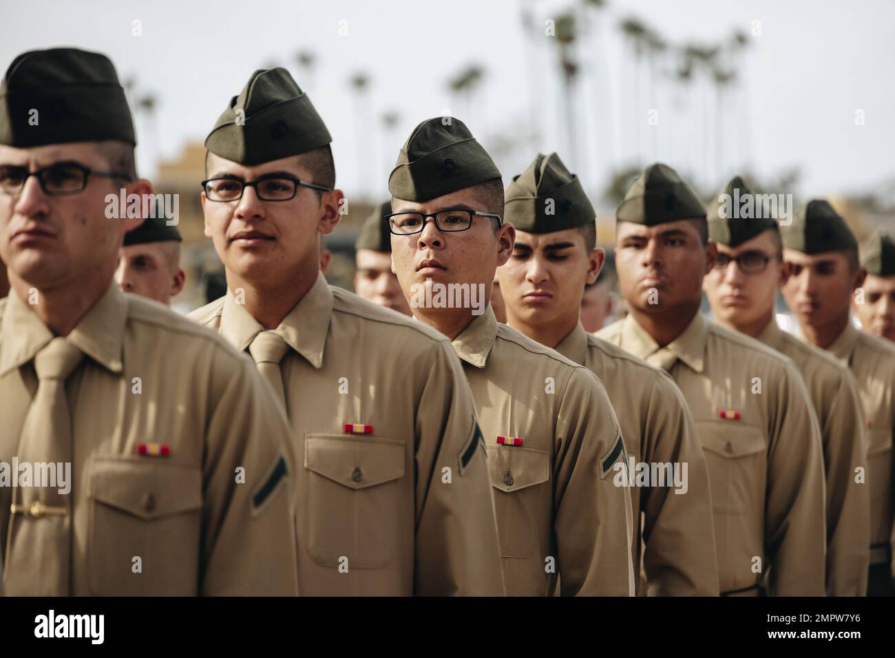 U.S. Marine Corps Pfc. Simon Tam, a new Marine with Mike Company, 3rd Recruit Training Battalion, stands in formation during family day at Marine Corps Recruit Depot San Diego, November 17, 2022. Pfc. Tam is a native of San Francisco, California and was recruited out of Recruiting Station San Francisco by Staff Sgt. Arthur Chou. Stock Photo