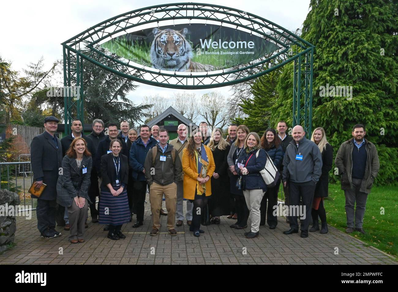 Members of Leadership Connect gather for a group photo at Banham Zoological Gardens in Norfolk, England, Nov. 18, 2022. Leadership Connect is a leadership development program that brings together community leaders from East Anglia with United States Air Force leaders from Royal Air Force Lakenheath, RAF Mildenhall, and RAF Alconbury to share experiences and expand leadership skills. Stock Photo