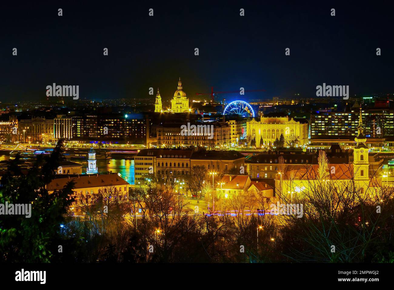 Cityscape of Pest's district from the top of the Buda's hill at night, Budapest, Hungary Stock Photo