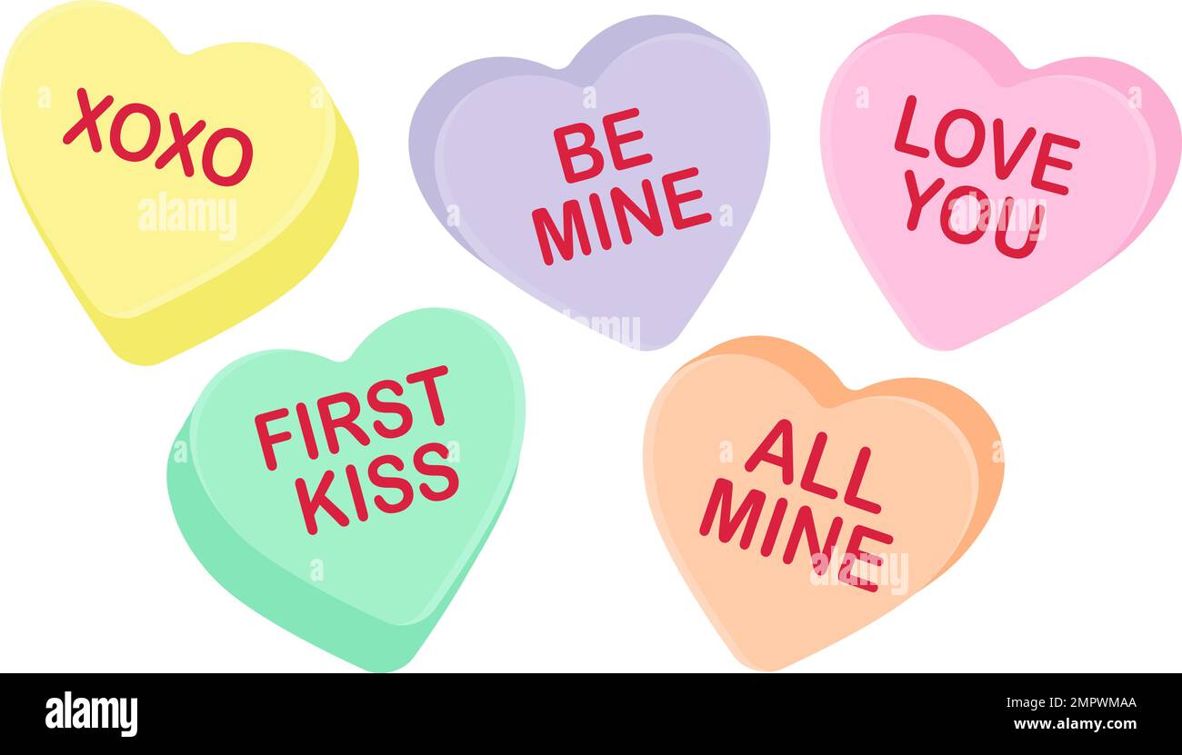 Candy heart sayings, sweethearts, valentines day sweets, sugar food message of love on seasonal holiday, hugs and kisses, be mine, valentine graphic d Stock Photo