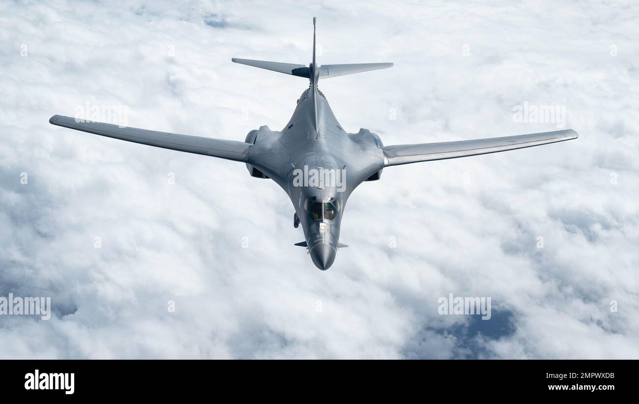 A U.S. Air Force B-1B Lancer assigned to the 37th Expeditionary Bomb Squadron flies over the Pacific Ocean, Nov. 19, 2022. Aerial operations contribute to Joint Force lethality and help deter aggression in the Indo-Pacific by demonstrating the U.S. Air Force’s ability to operate anywhere in the world in support of the National Defense Strategy. Stock Photo