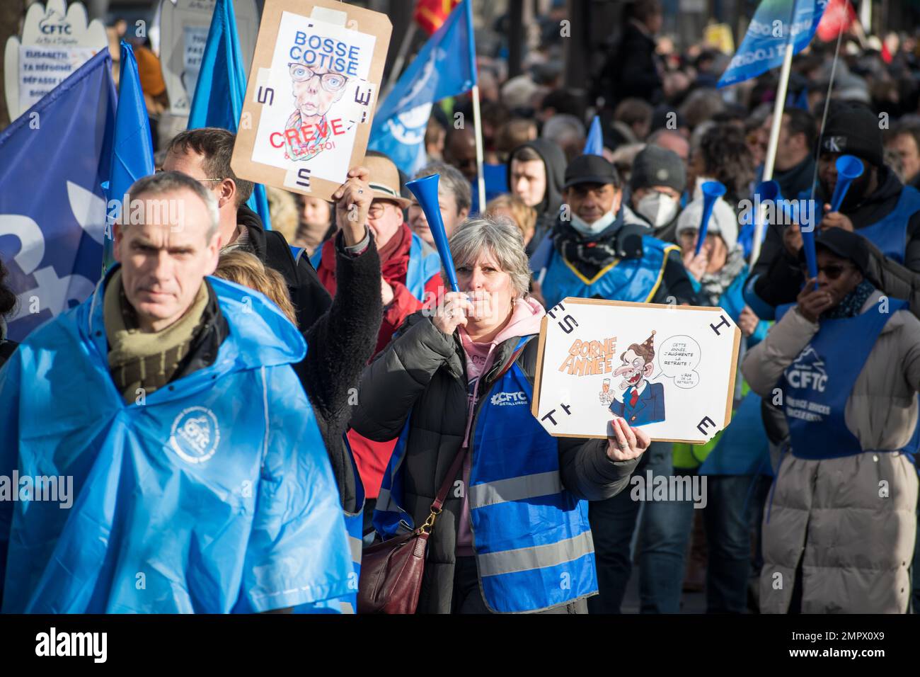 Paris, France, 31th January, 2023. CFTC demonstrators against pension reform and workplace abuse - Jacques Julien/Alamy Live News Stock Photo