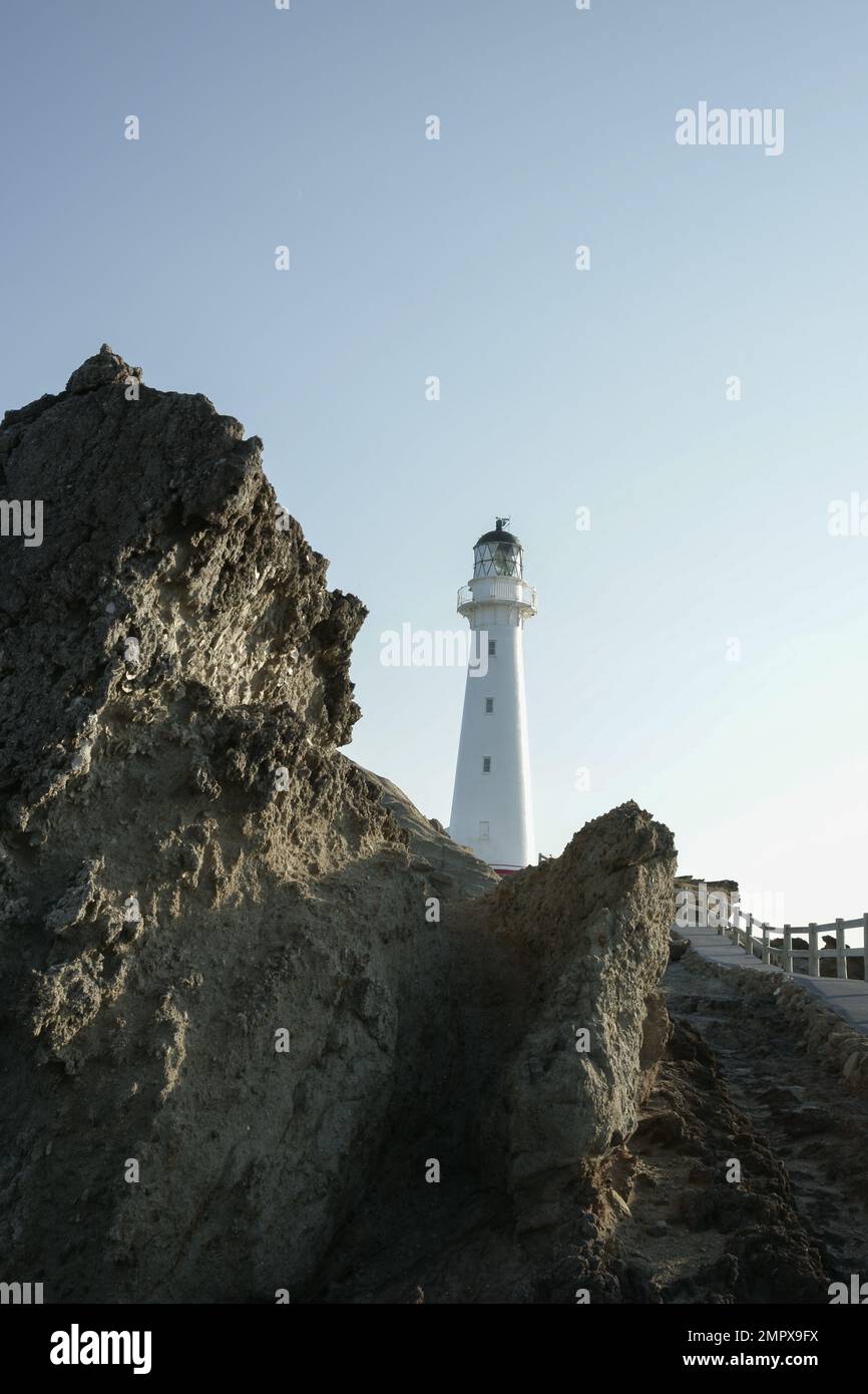 Castle Point Lighthouse and coastline on Wairarapa coast in New Zealand. Stock Photo