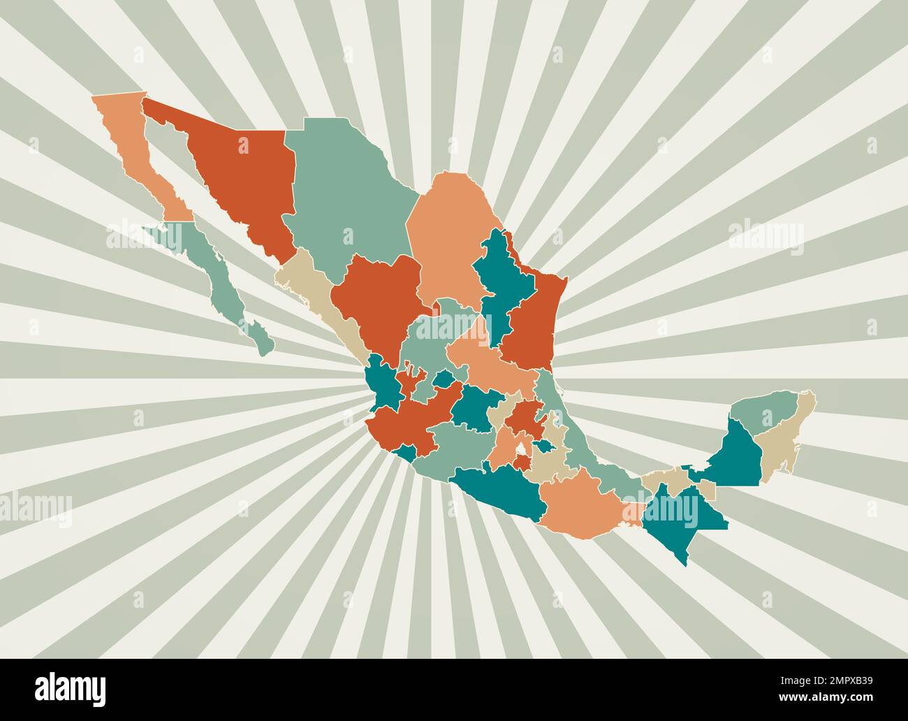 Mexico map Poster with map of - Mexico Map Poster With Map Of The Country In Retro Color Palette Shape Of Mexico With Sunburst Rays Background Vector Illustration 2MPXB39 