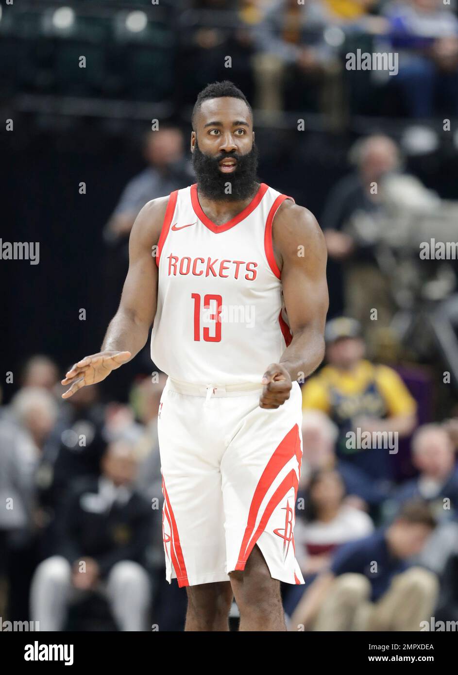 Houston Rockets James Harden reacts during the second half of an