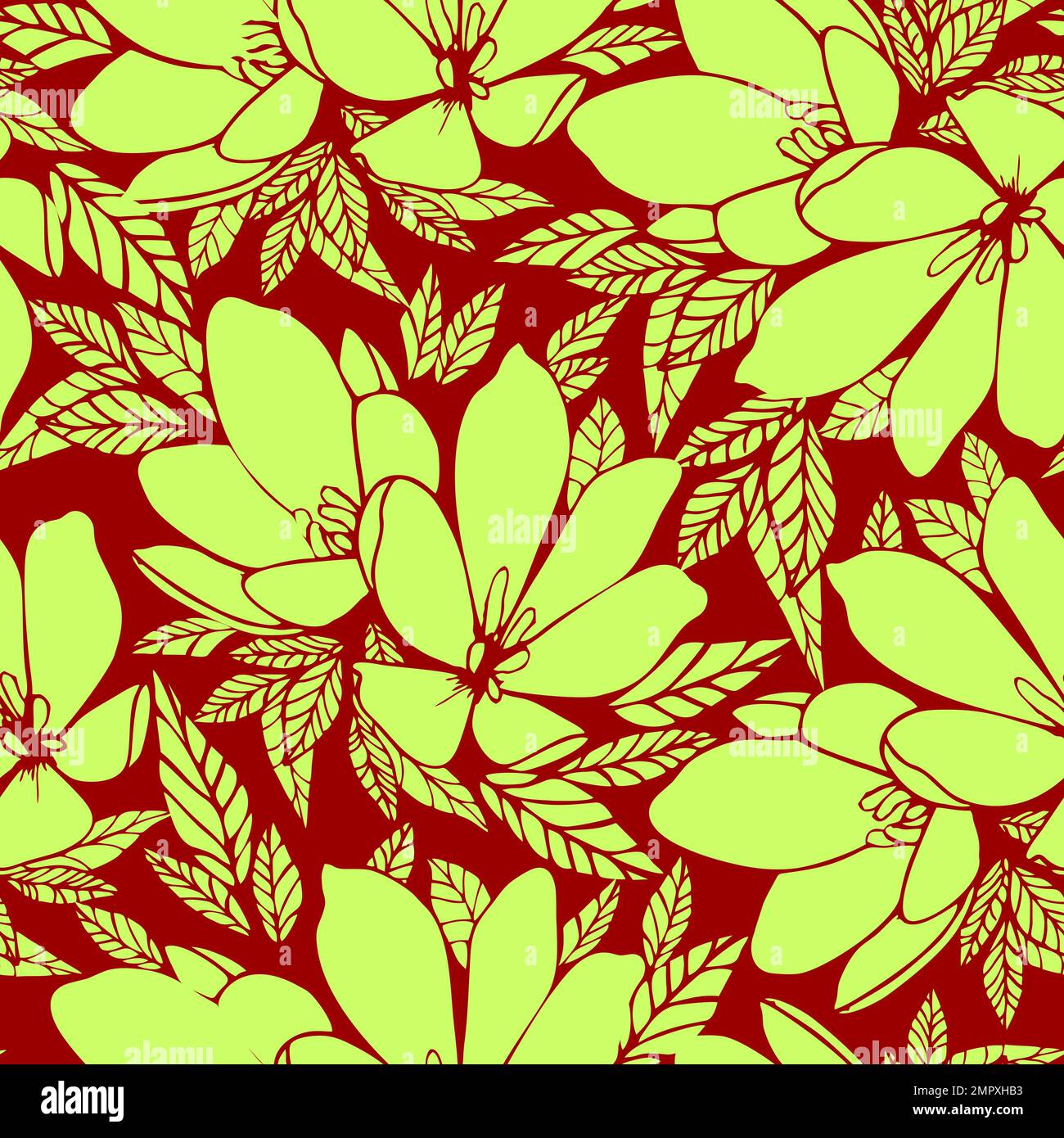 asymmetrical seamless floral green outline pattern on red background