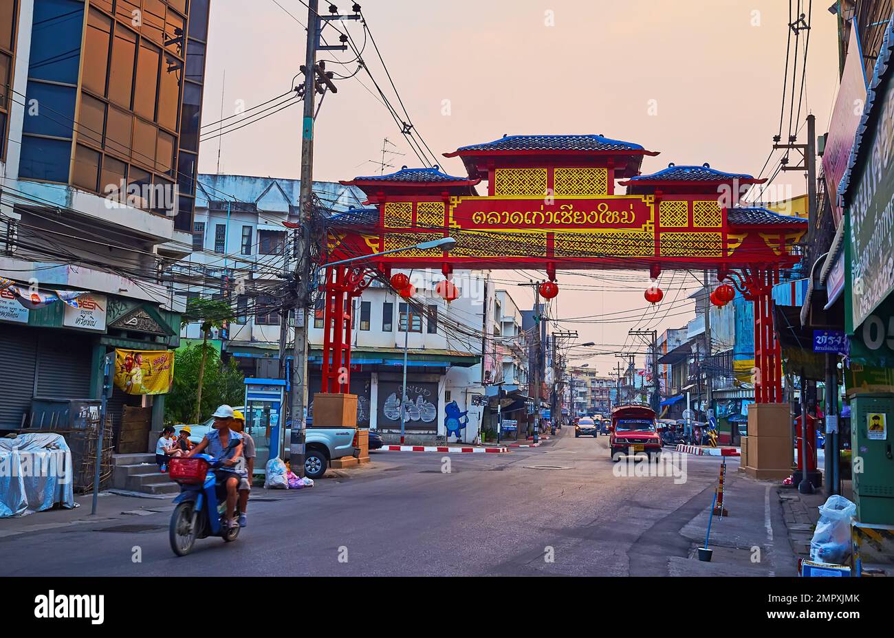 CHIANG MAI, THAILAND - MAY 3, 2019: The scenic Chinese Welcome Gate, in Chinatown against the twilight sky, Chiang Moi Road, on May 3 in Chiang Mai Stock Photo