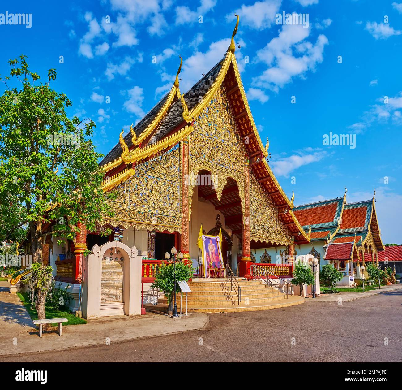 Lanna style ornate Viharns in Wat Chiang Man temple, Chiang Mai, Thailand Stock Photo