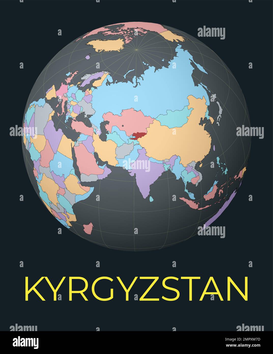 World Map Centered To Kyrgyzstan Red Country Highlighted Satellite World Map Centered To Kyrgyzstan Red Country Highlighted Satellite World View Centered To Country With Name Vector Illustration 2MPXM7D