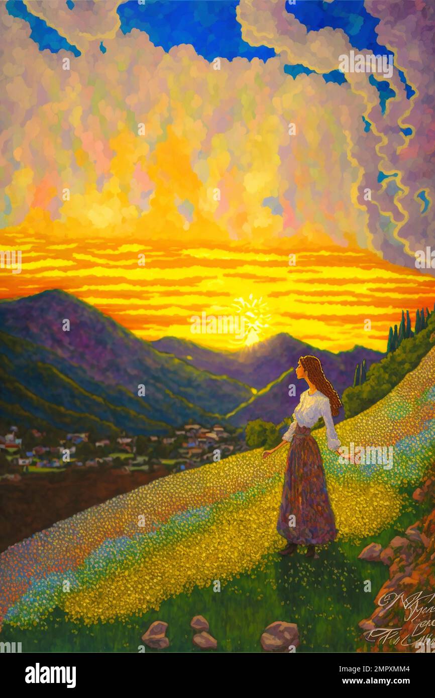 Midjourney AI art landscape woman overlooking a mountain valley in the style of Pixel Art Stock Photo