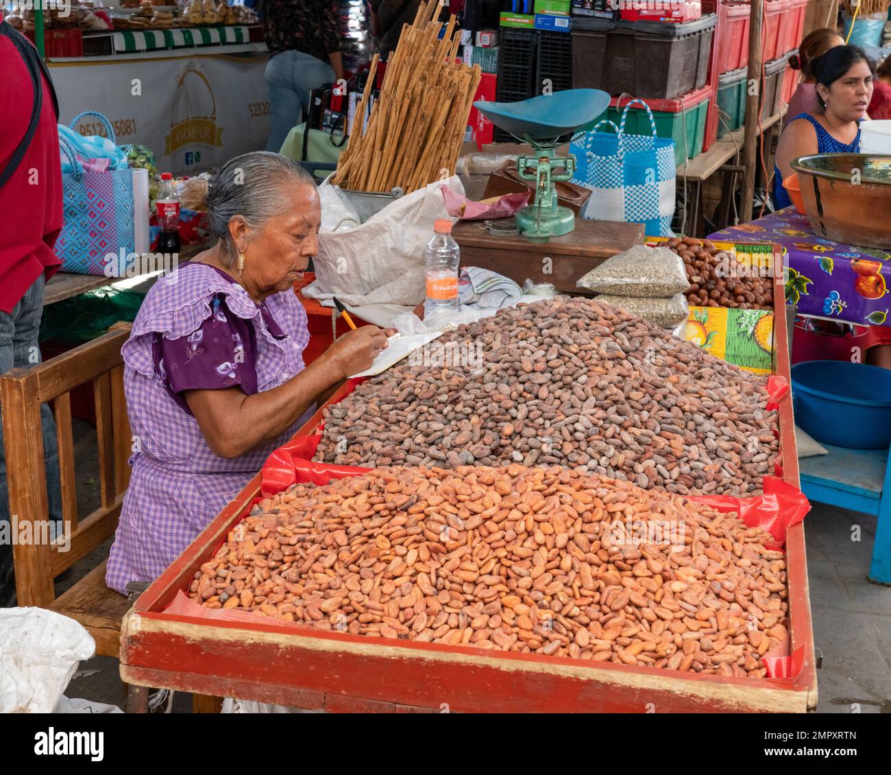 An indigenous Zapotec woman selling cacao beans in the market in