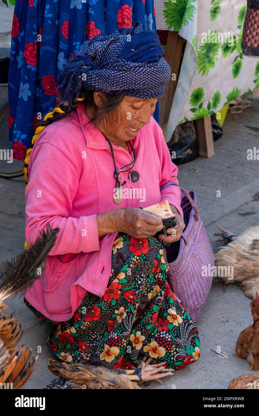 An indigenous Zapotec woman in traditional dress selling a chicken in