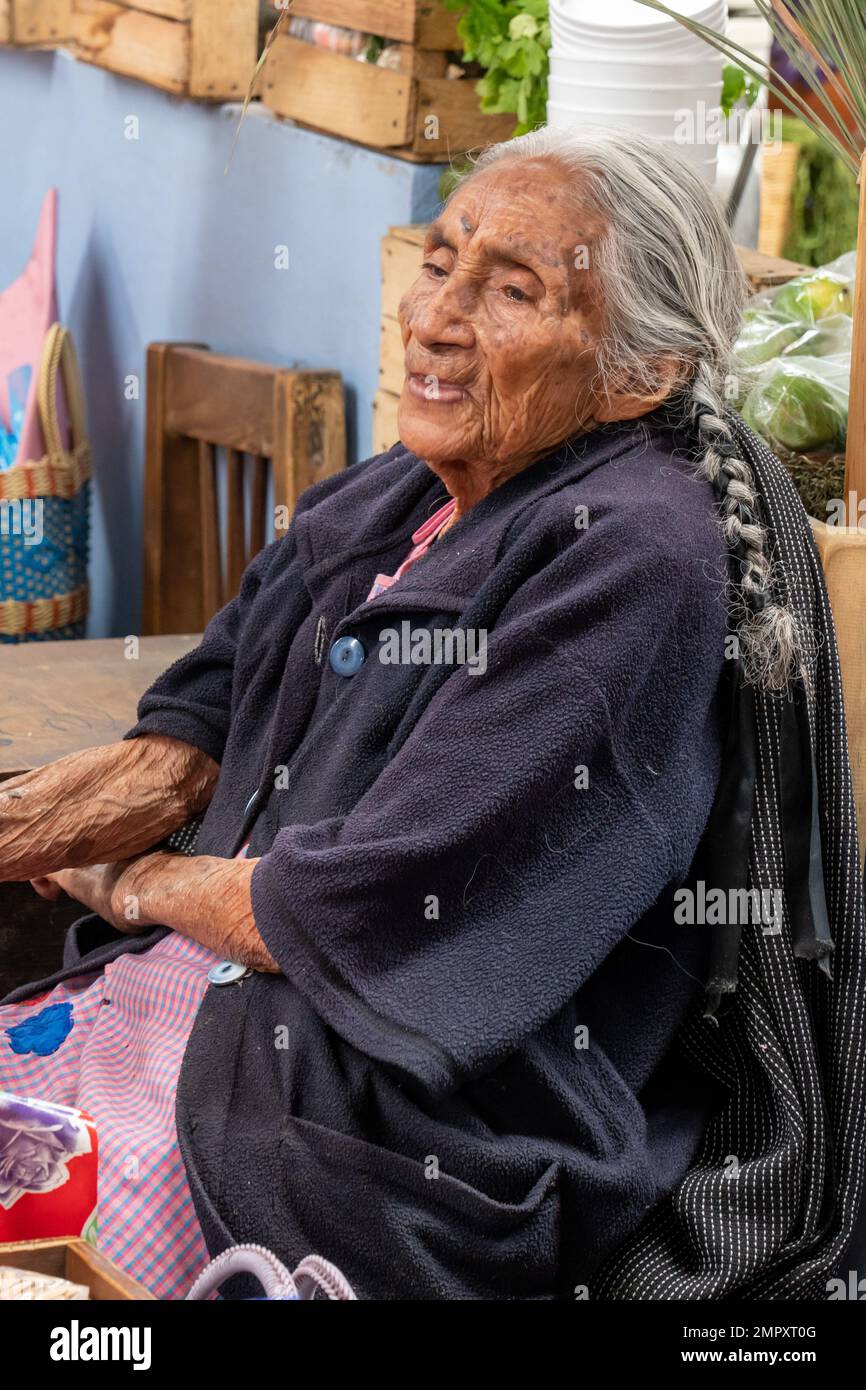 An elderly indigenous Zapotec woman in the market in Ocotlan de Morelos in the Central Valleys