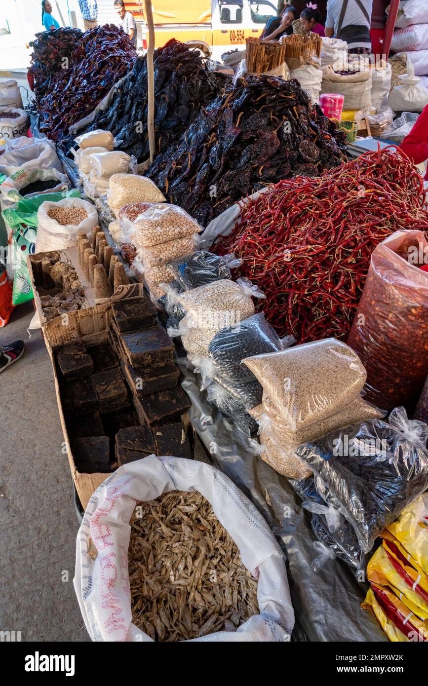Chilis, beans and other food products for sale in the market in Ocotlan