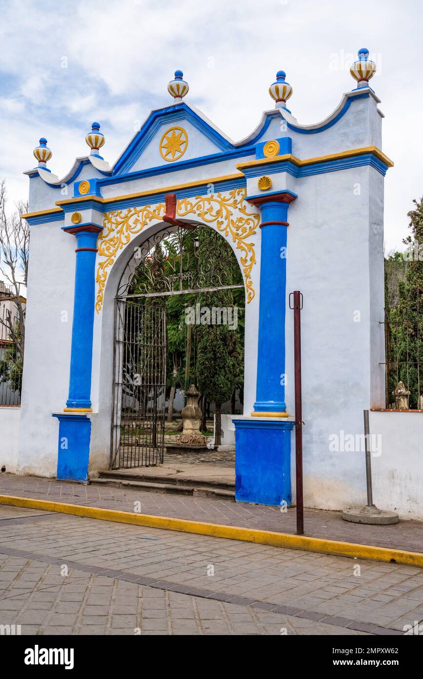 The gateway to the grounds of the Church of Santo Domingo de Guzman in Ocotlan de Morelos, Oaxaca, Mexico. Stock Photo