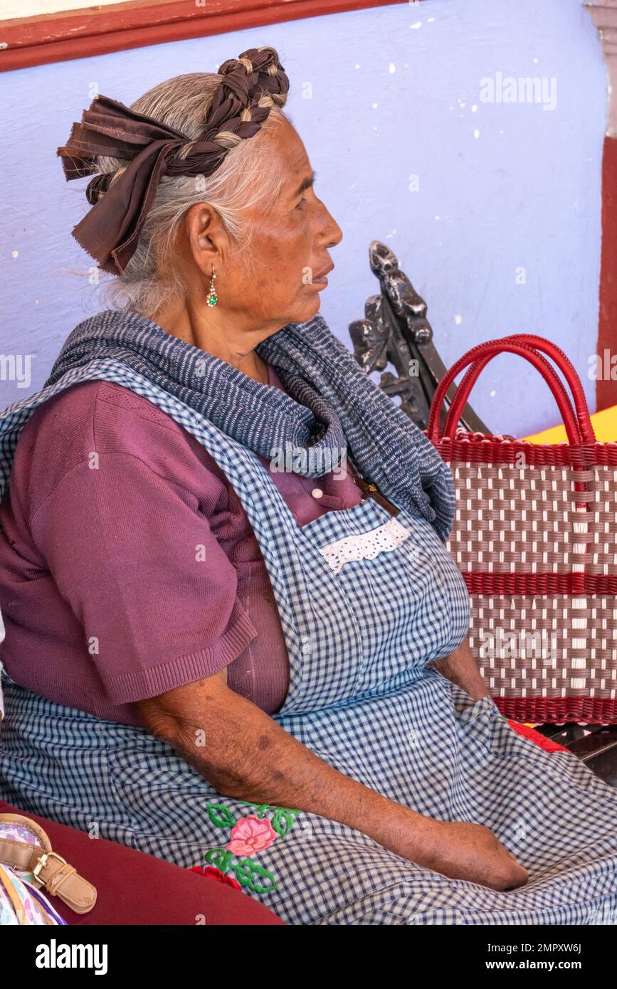 An indigenous Zapotec woman in traditional in the market in Ocotlan de