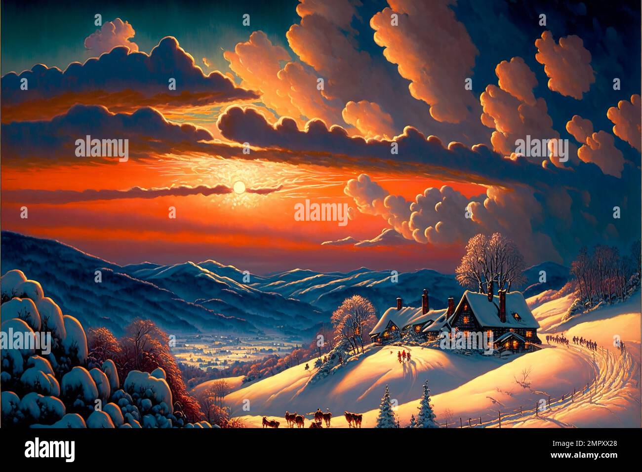 Midjourney AI art landscape of a farm in the winter mountains Stock Photo