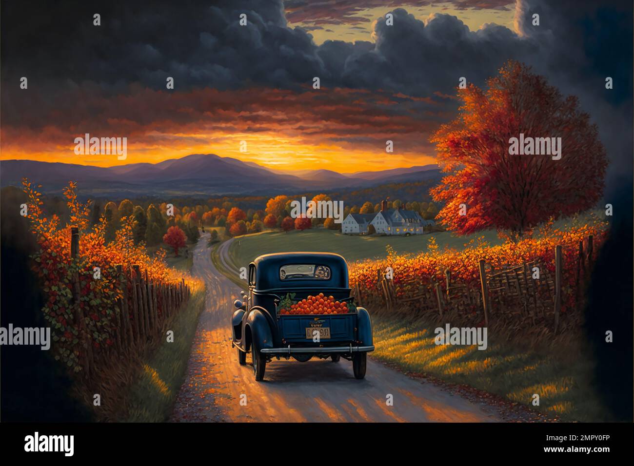 Midjourney AI art landscape taking pumpkins to market in the mountains Stock Photo