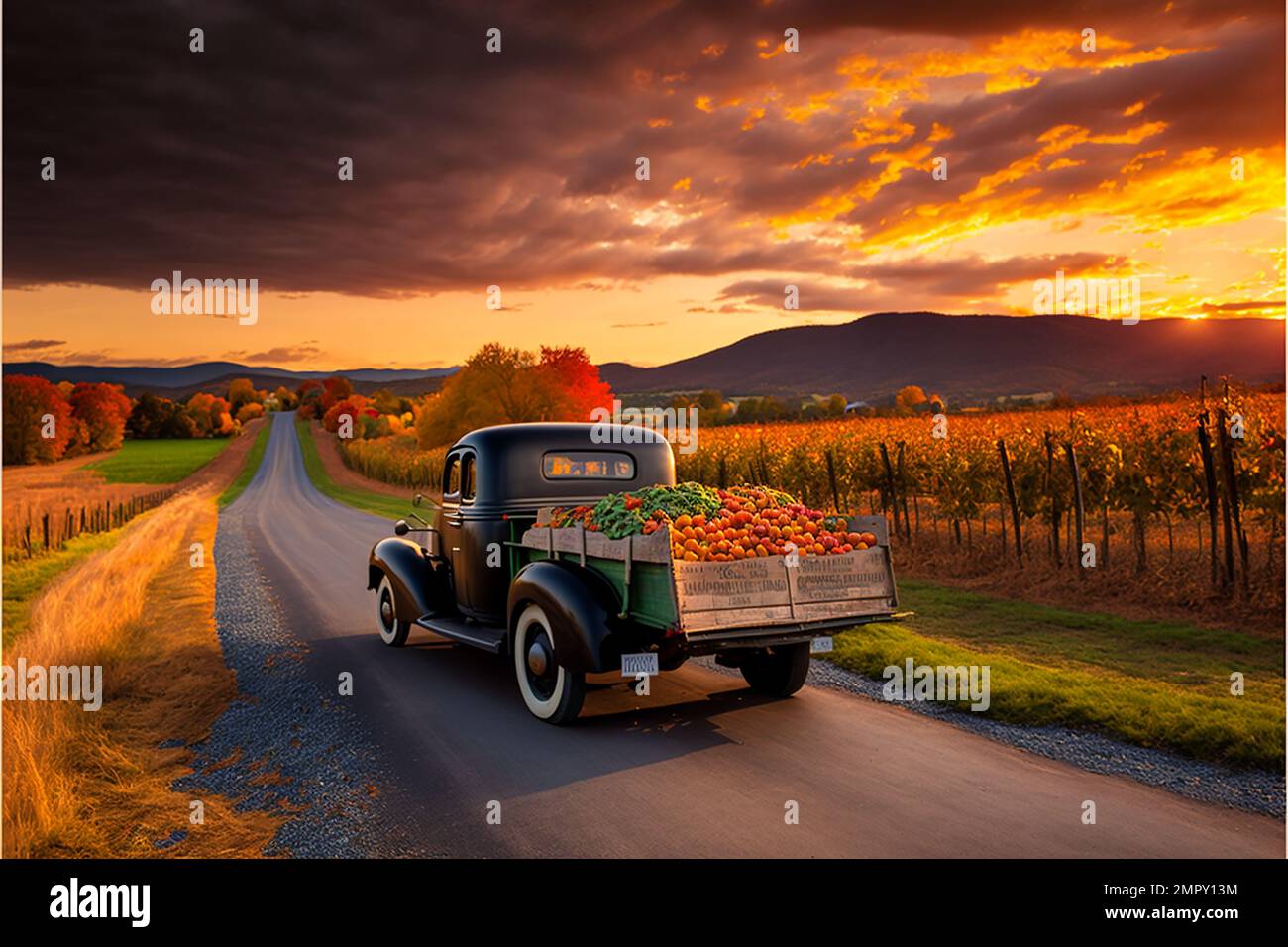 Midjourney AI art landscape taking pumpkins to market in the mountains Stock Photo