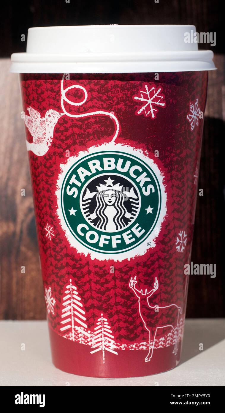 A 2008 Starbucks holiday cup is displayed, Thursday, Nov. 9, 2017, at a  Starbucks in New York. The Seattle-based company is celebrating 20 years of  holiday coffee cups. (AP Photo/Mark Lennihan Stock
