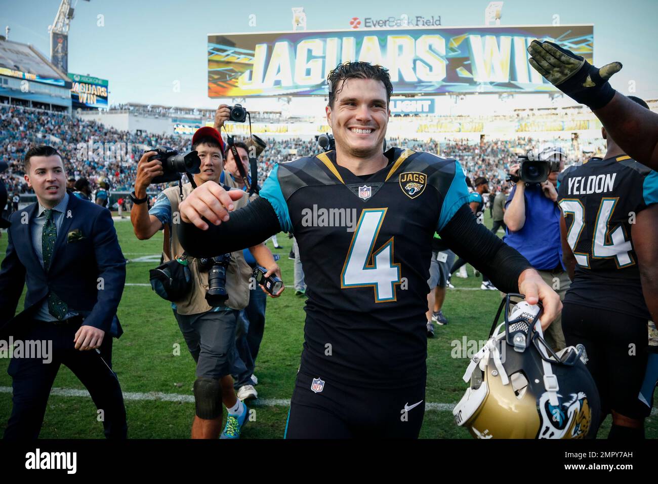 Jacksonville Jaguars kicker Josh Lambo (4) celebrates his winning field
