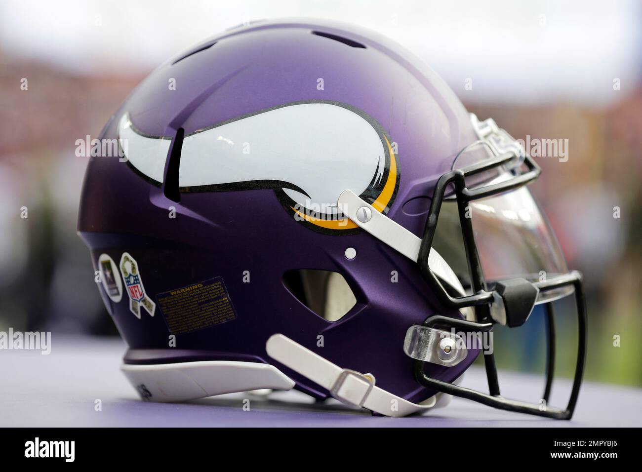 Minnesota Vikings helmet sits on the bench prior to an NFL football game between the Minnesota Vikings and Washington Redskins, Sunday, Nov. 12, 2017, in Landover, Md. (AP Photo/Mark Tenally Stock Photo - Minnesota Vikings helmet sits on the bench prior to an NFL football game between the Minnesota Vikings and Washington Redskins, Sunday, Nov. 12, 2017, in Landover, Md. (AP Photo/Mark Tenally Stock Photo -
