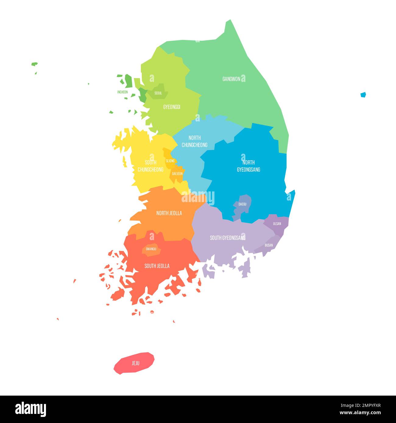 South Korea political map of administrative divisions - provinces, metropolitan cities, special city of Seolu and special self-governing cities of Sej Stock Vector
