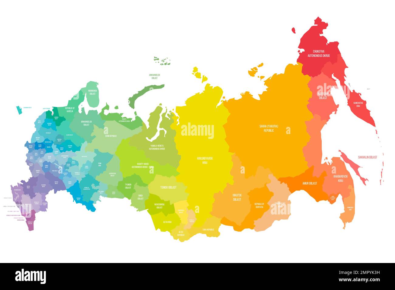 Russia political map of administrative divisions - oblasts, republics, autonomous okrugs, krais, autonomous oblast and 2 federal cities of Moscow and Stock Vector