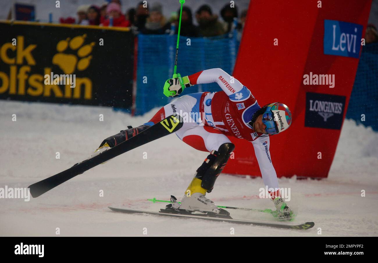 Switzerland's Luca Aerni to the finish area after completing an alpine ski, men's World Cup slalom Levi, Finland, Sunday, Nov. 12, 2017.. (AP Photo/Giovanni Auletta Stock Photo - Alamy