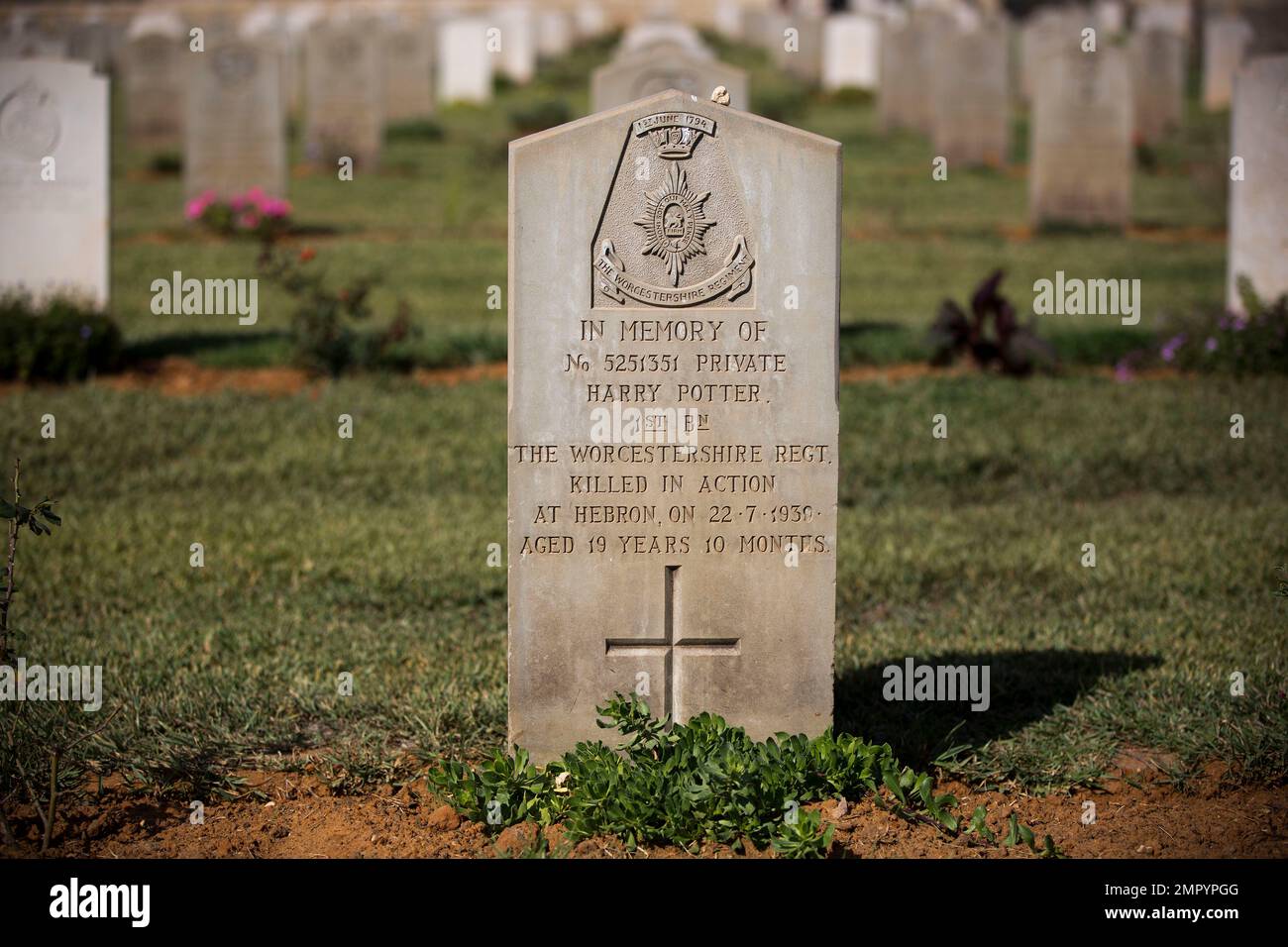 A tombstone bearing the name of a British Private Harry Potter is seen