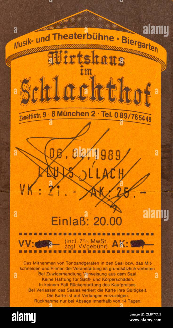 Lluis Llach, Schlachthof, 6 April 1989, Munich, Concert Ticket Stubs, Music Concert Memorabilia , Stock Photo