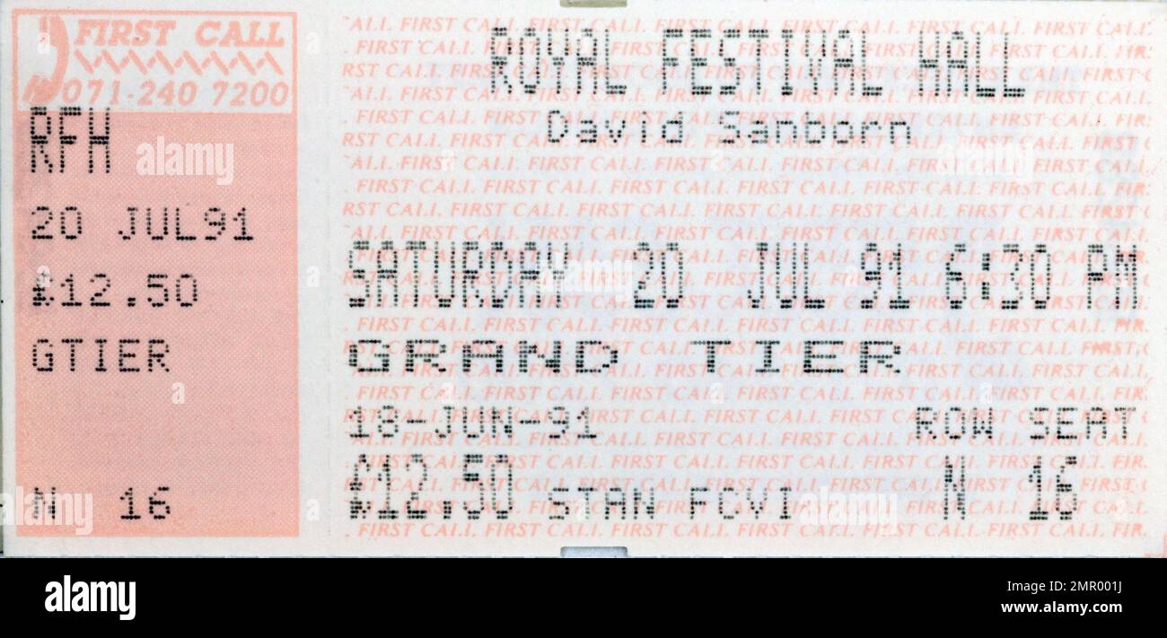 David Sanborn, Royal Festival, Hall, 20 July 1991, Concert Ticket Stubs, Music Concert Memorabilia , Stock Photo