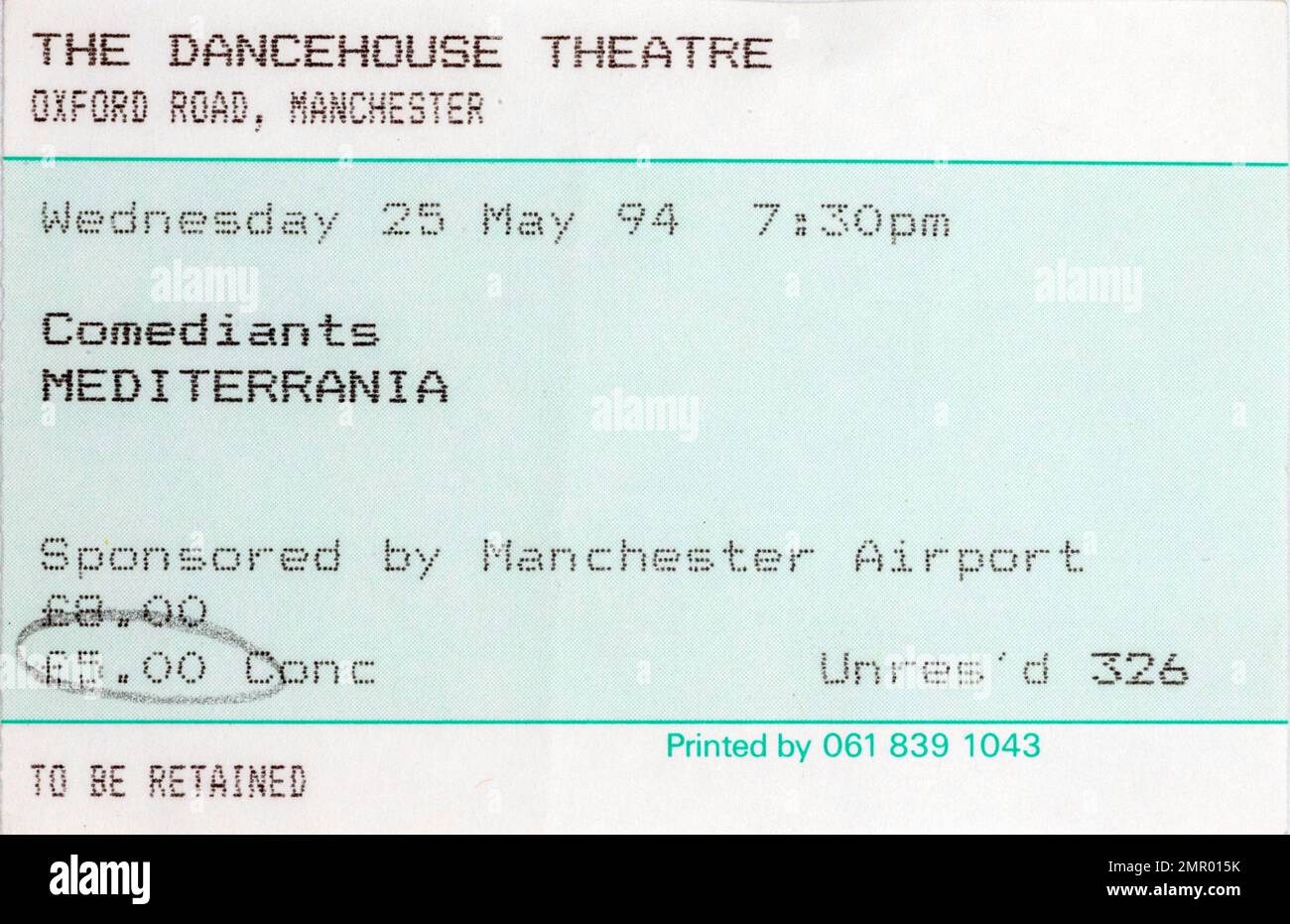 Comediants, Mediterrania, The Dancehouse Theatre, 25 May 1994, Concert Ticket Stubs, Music Concert Memorabilia , Manchester, England, UK Stock Photo