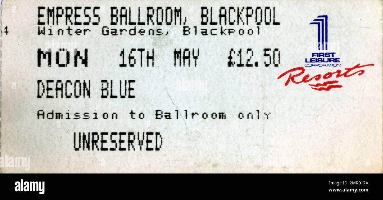 Deacon Blue,  Empress Ballroom 16 May 1994, Concert Ticket Stubs, Music Concert Memorabilia , Stock Photo