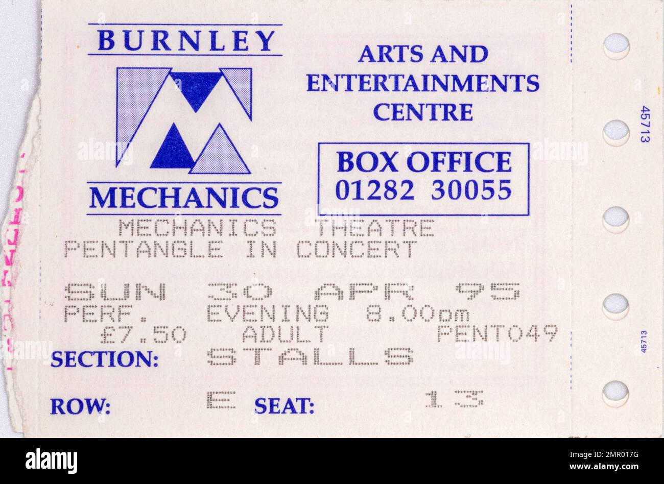Pentangle, Burnley Mechanics, 30 April 1995, Concert Ticket Stubs, Music Concert Memorabilia , Stock Photo