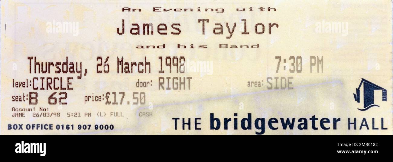 James Taylor, 26 March 1998, The Bridgewater Hall, Concert Ticket Stubs, Music Concert Memorabilia , Manchester, England, UK Stock Photo