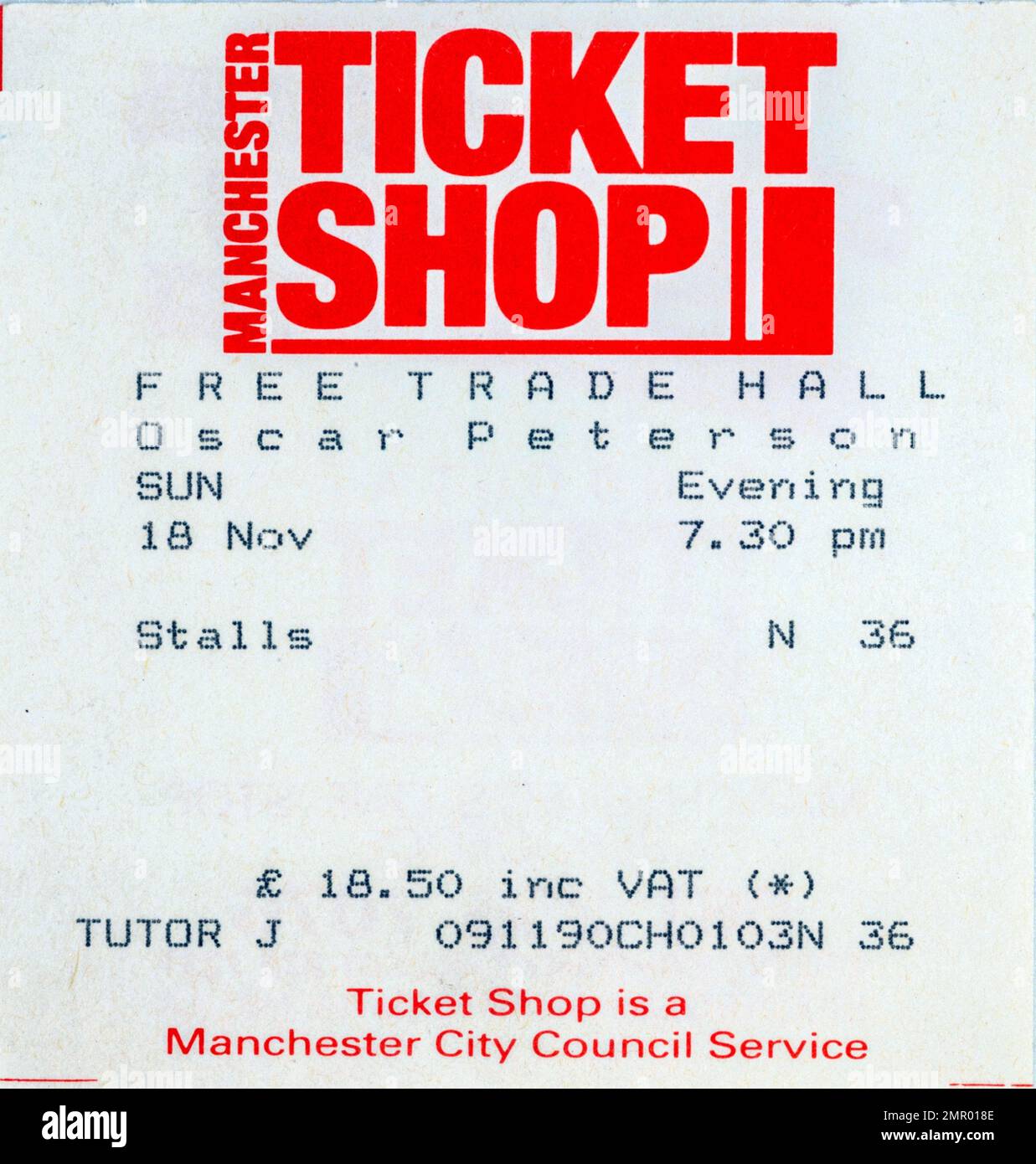 Oscar Peterson, Free Trade Hall, 18 November 1990, Concert Ticket Stubs, Music Concert Memorabilia , Manchester, England, UK Stock Photo