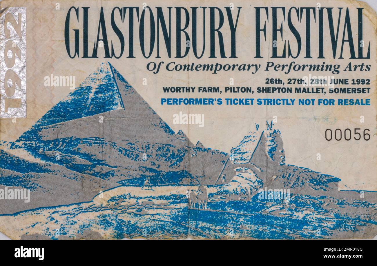 Glastonbury Festival performer ticket, 1992, Concert Ticket Stubs, Music Concert Memorabilia , Stock Photo