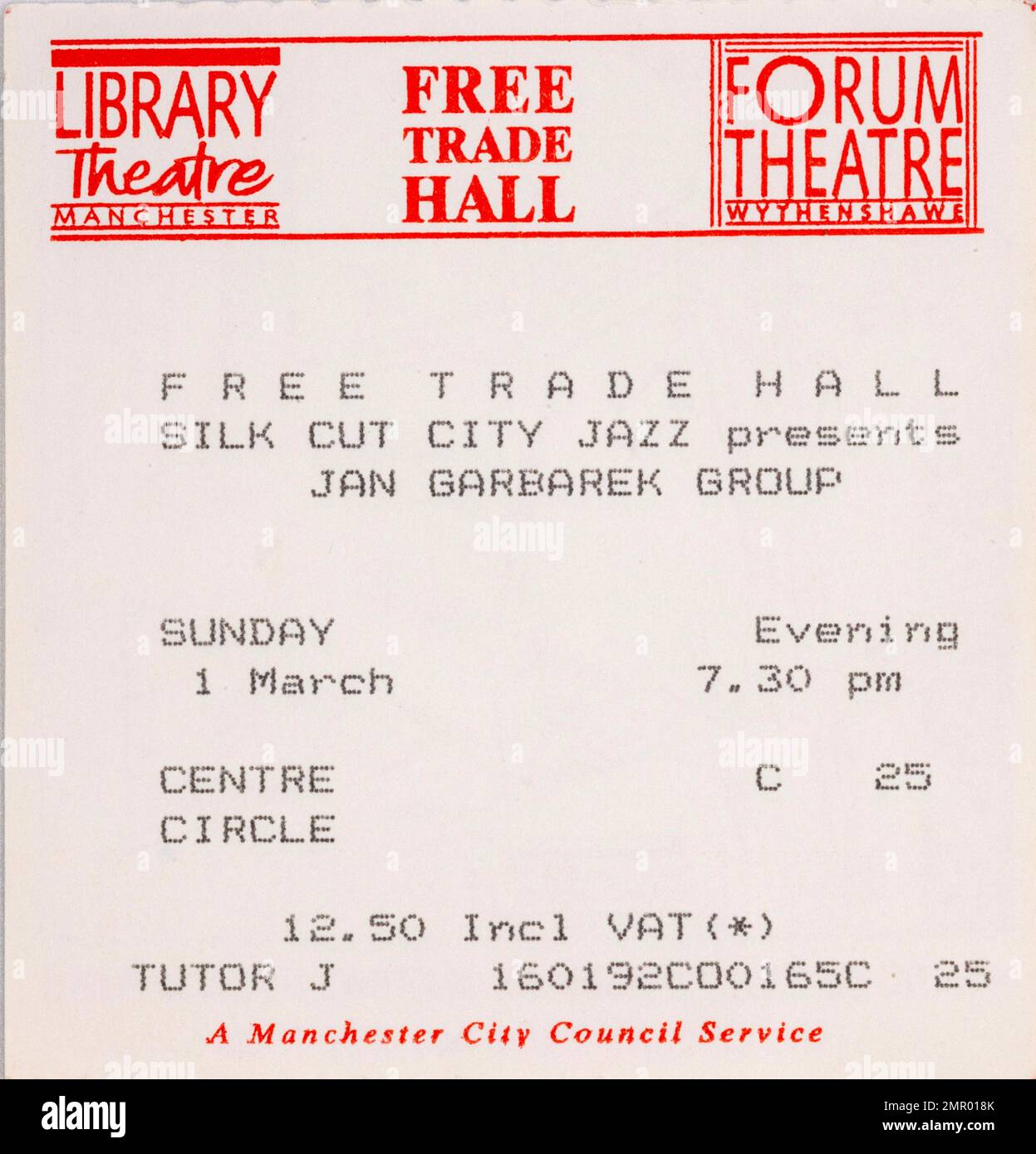 Jan Garbarek Group, Free Trade Hall, Concert Ticket Stubs, Music Concert Memorabilia , Manchester, England, UK Stock Photo