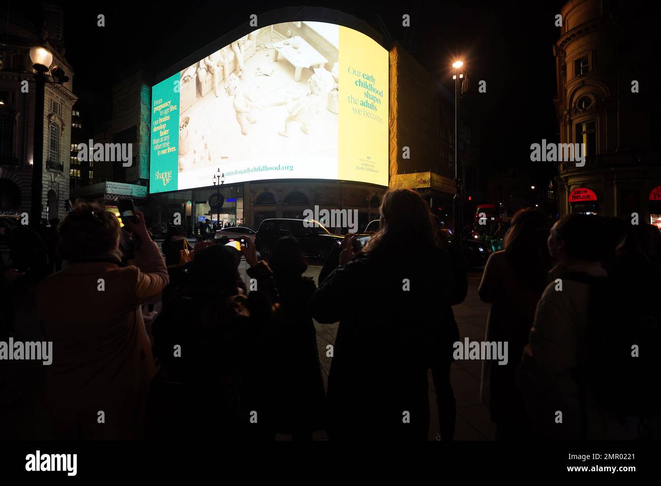 A campaign video for the The Princess of Wales' Shaping Us campaign, which is raising awareness of the unique importance of early childhood, is played at Piccadilly Lights in London. Picture date: Tuesday January 31, 2023. Stock Photo